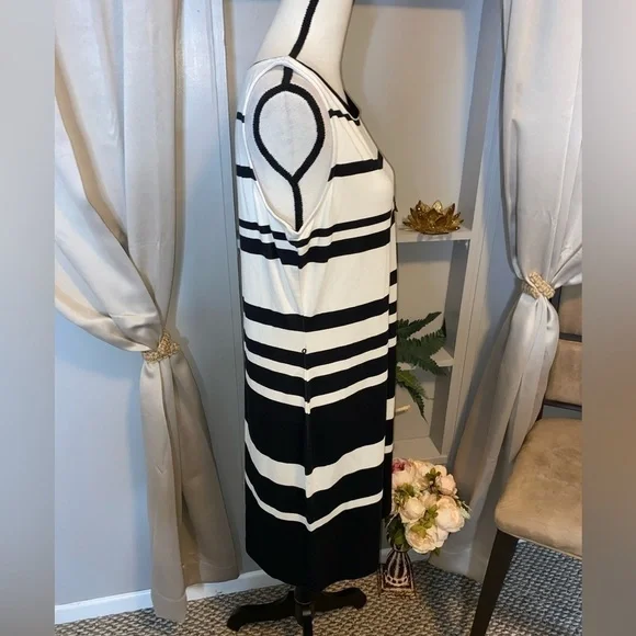 NWT 16 Liz Claiborne Black White Stripes Back Zip Belt Loops Sleeveless Dress - Picture 6 of 16